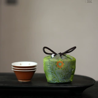 慢蓝丨香云纱手工便携式外出茶杯袋茶壶抽绳收纳袋茶道配件茶具袋