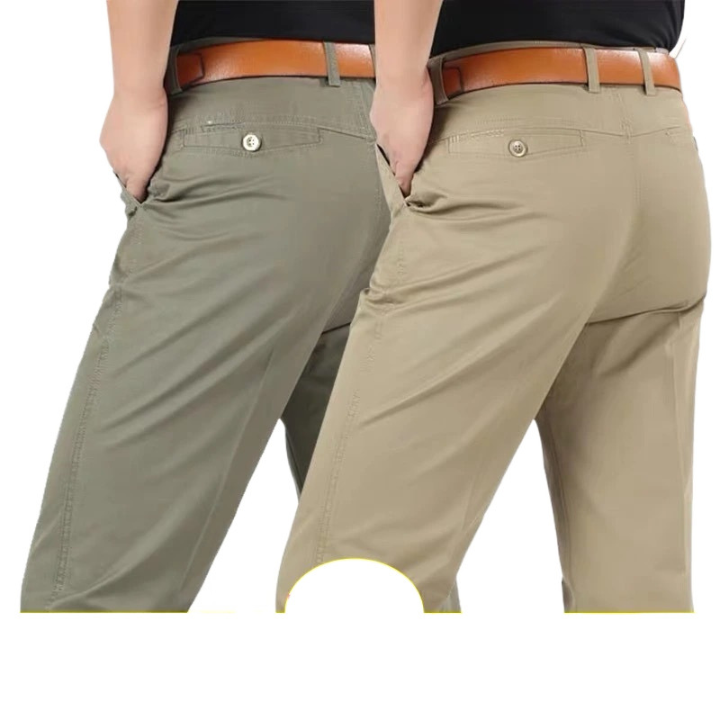 Pantalones casuales de algodón fino de verano para hombres, pantalones sueltos de pierna recta de mediana edad y ancianos, cintura alta de mediana edad, pantalones de papá nuevos de rango profundo