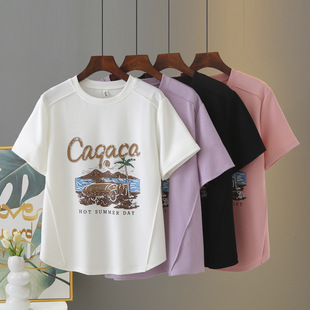 Plus Size Women's T-Shirt Short-Sleeved Printed Cartoon Top 2025 Summer Wrinkled Fashion Fat Girl Korean Style Casual Shirt 031