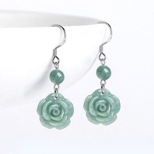 genuine goods natural A goods jade beans green rose earrings S925 silver ice jade stone fashion women's earrings earrings