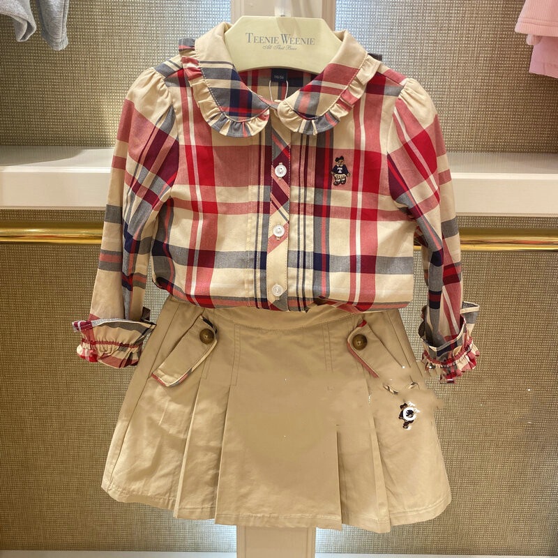 Class a Pure Cotton 26 New Korean Style Original Label Bear Embroidered Girls' Spring and Autumn Pure Cotton Burberry Plaid Shirt