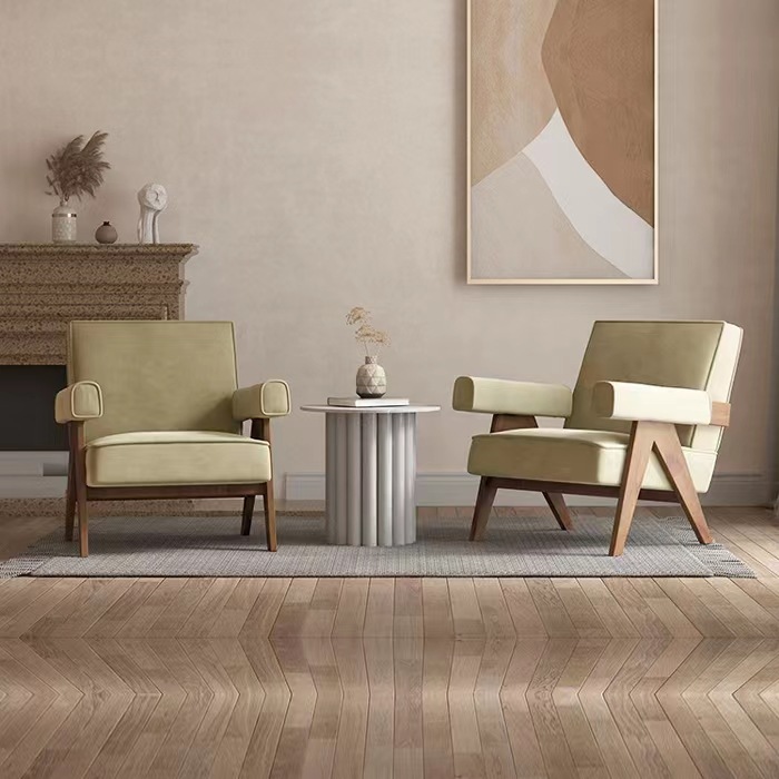 Estilo japonés ocio cuero tela sofá silla para sala de estar sola madera maciza minimalista negociación retro sofá