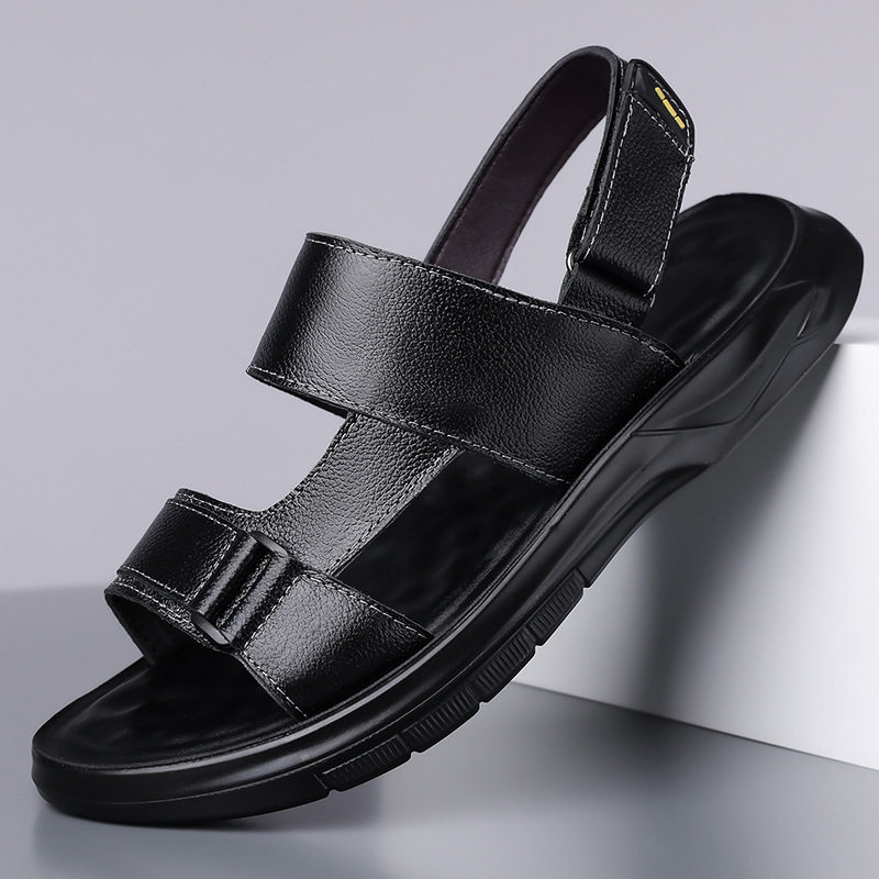 Dép sandal nam da bò thoáng khí đế mềm kiểu lười hai cách dùng, đi chơi và đi biển — S2691 màu nâu, S2691 màu đen