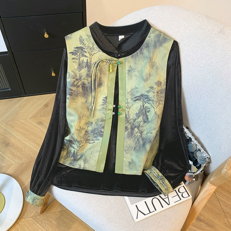 Китайский стиль, пейзажная жаккардовая ткань, золотой бархатный костюм, элитные брюки и жилет с длинными рукавами для мамы, комплект из трех предметов