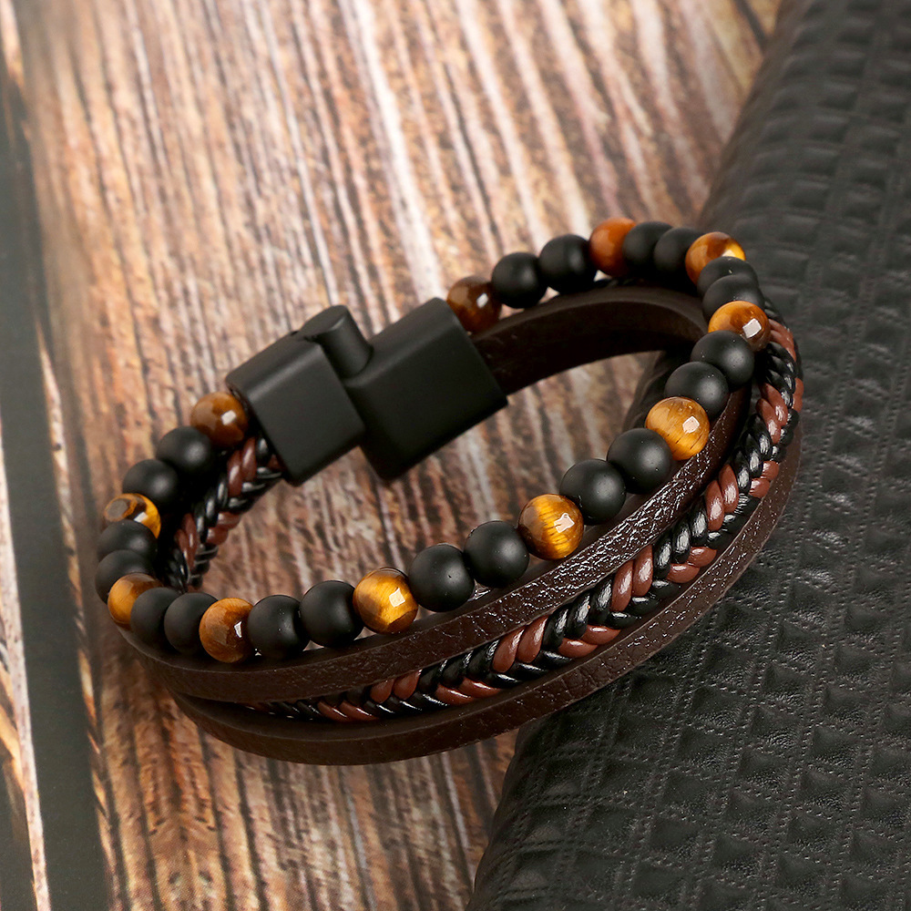Round Pattern Men'S Gender Hip-Hop Retro Round Pu Leather Natural Stone Knitting Men'S Bracelets Men Cord & Leather Bracelets
