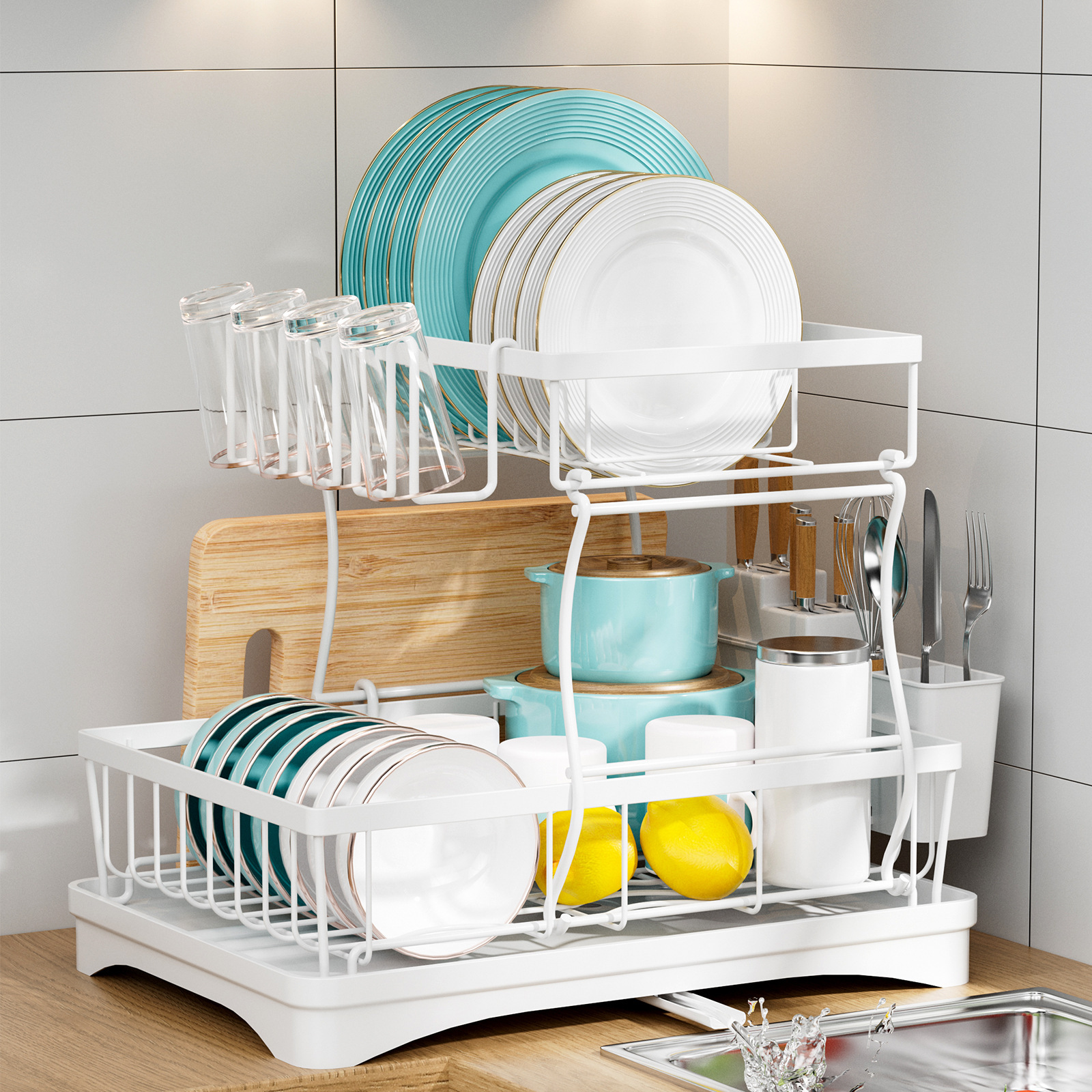 Estante de tazón desmontable de doble capa transfronterizo Estante de almacenamiento de tazón de drenaje de cocina Estante de mesa multifuncional para platos y palillos