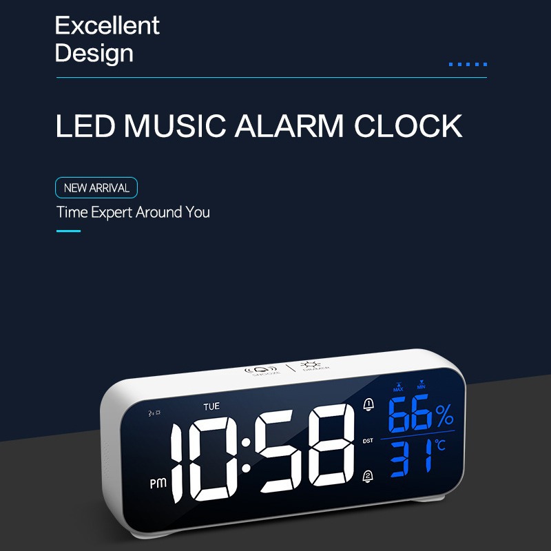 Carga de reloj de alarma controlado por voz espejo LED reloj de música dos juegos de reloj de alarma interruptor nuevo reloj de alarma digital de cabecera