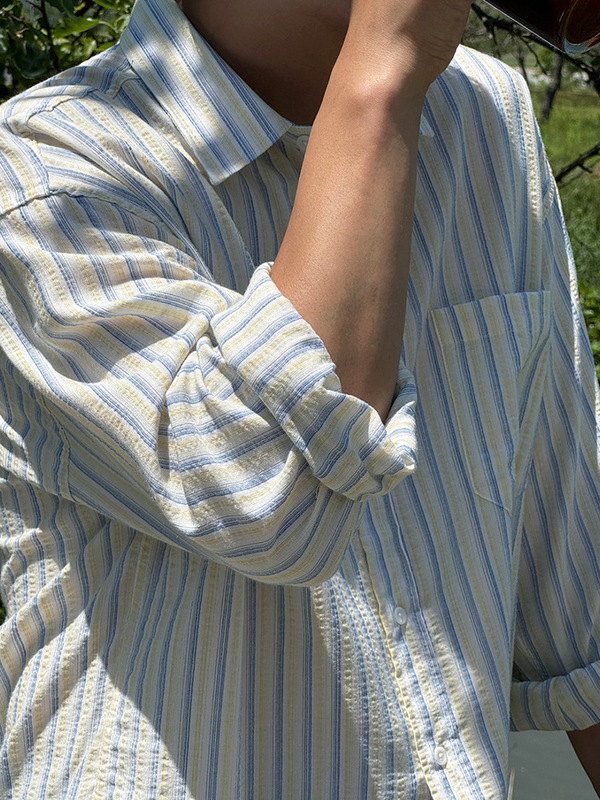 MYQ日系条纹长袖衬衫男士秋季宽松休闲衬衣韩系通勤老钱风穿搭|undefined