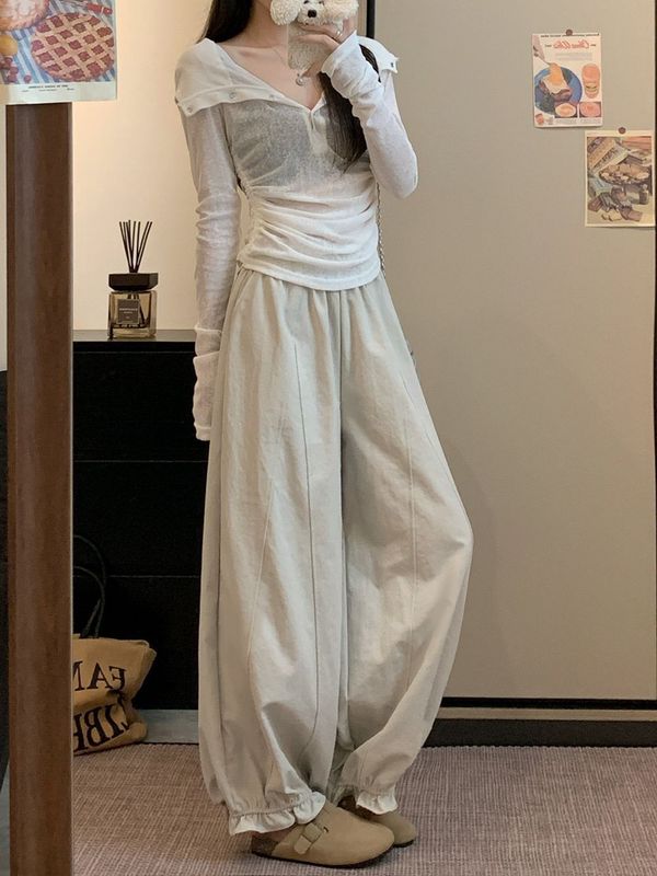 木耳边裤子女秋季2025新款气球裤小个子高腰休闲阔腿裤灯笼花苞裤|undefined