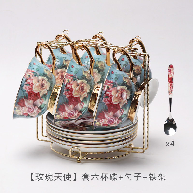 Conjunto de tazas de café europeas de cerámica de alta calidad, pequeño lujo de té de la tarde con cuchara de cerámica, taza de té de flores, caja de regalo