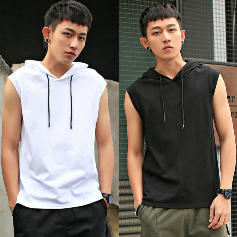 Sleeveless T-Shirt Men's Summer Korean Style Ware Sleeve Vest Fashionable Hoodie with Hat and Shoulder Short Sleeve Hoodie Men's Sweater T-Shirt