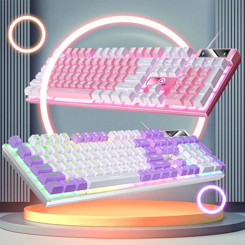 银雕K500游戏有线键盘拼色发光机械手感粉色台式电脑配件跨境批发