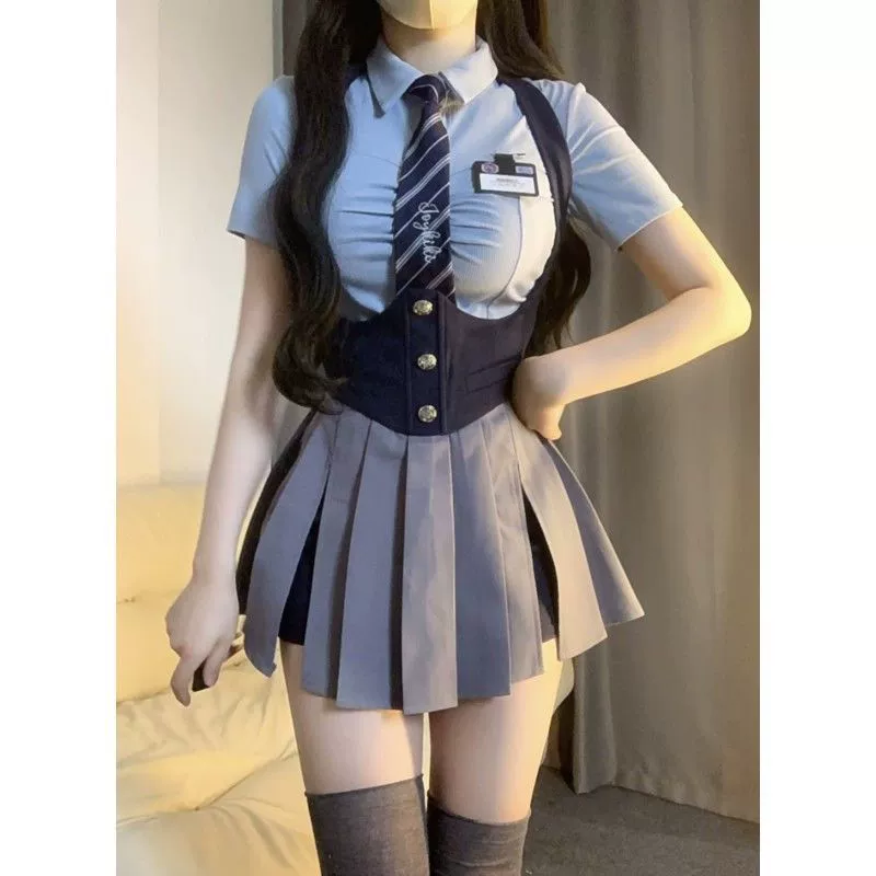 Student pleated skirt, set, shirt, summer dress, high waist, western style