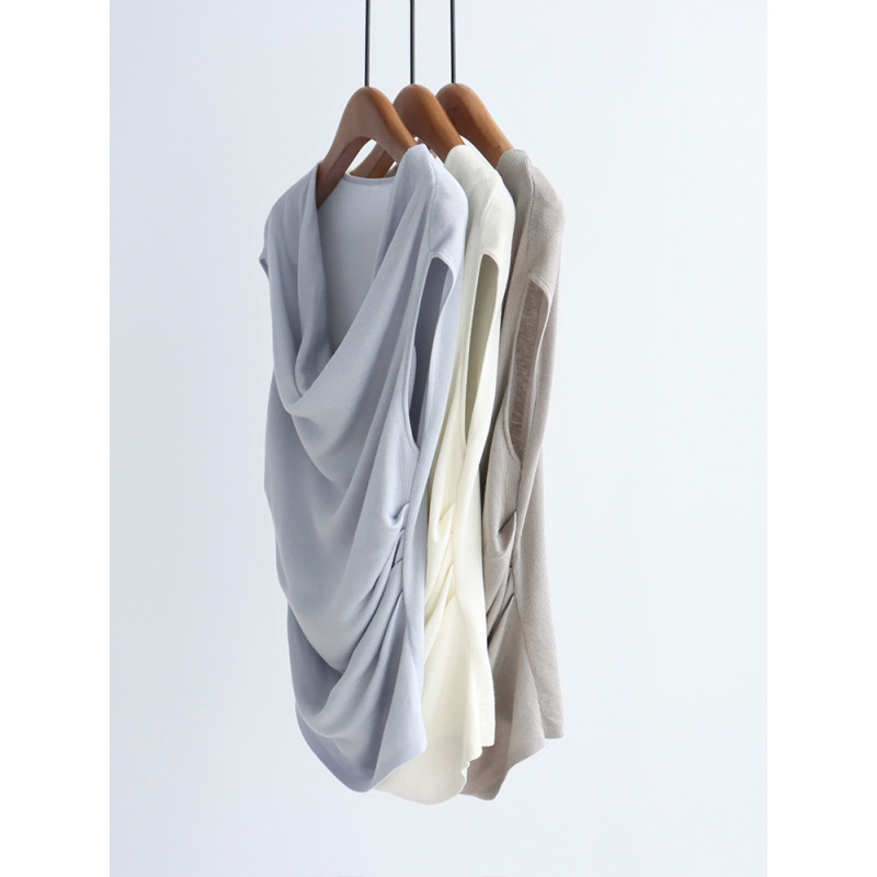 Waist Pleated Waist Slimming Summer Sleeveless Knitwear Lyocell Tencel Vest Swing Collar Lazy French Pullover