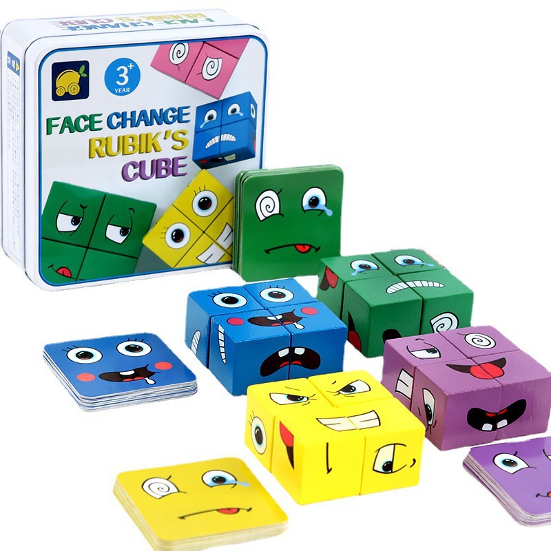 Los niños de madera expresión facial cara-cambio cubo construcción bloques de hierro caja padre-niño batalla juguetes juego de mesa desafío nivel