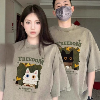 夏季纯棉短袖T恤情侣装慵懒宽松小众设计感男女上衣学生潮牌班服