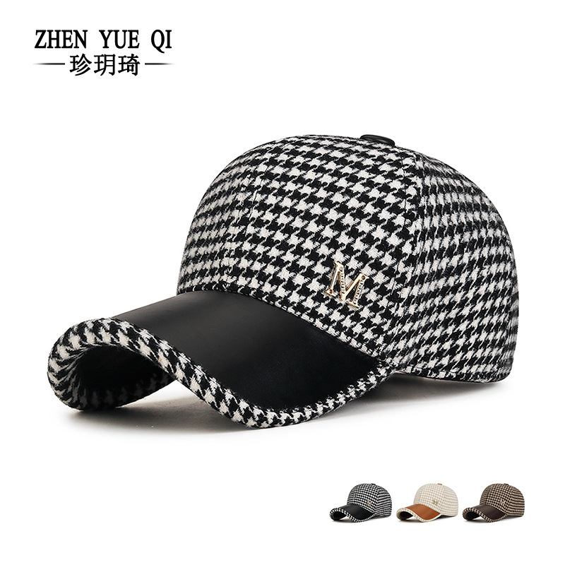 秋冬季新款千鸟格M标毛呢棒球帽韩版女士青年百搭小香风鸭舌帽子
