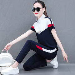 Ladies' Summer Casual Two-Piece Set Fashion 2023 New Loose Colorblock Collarless Short-Sleeve Running Clothes