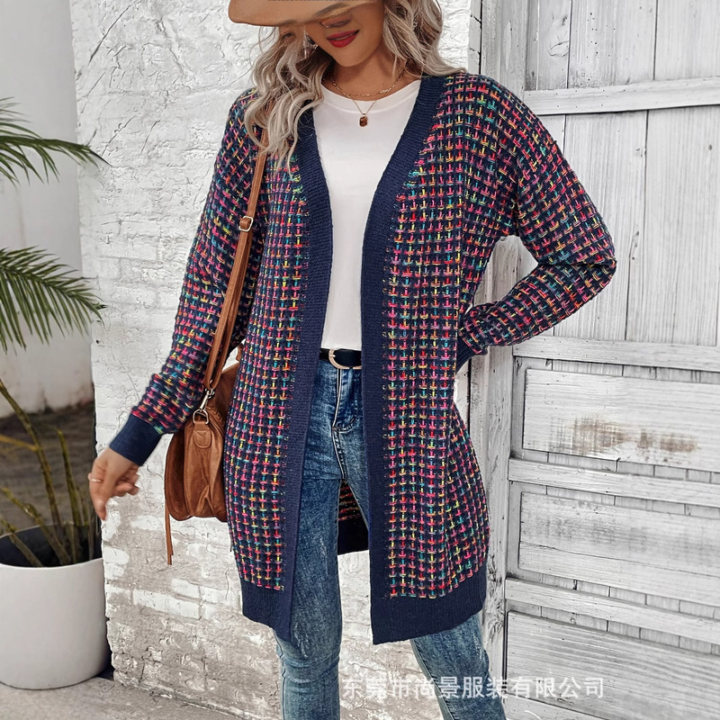 European and American Cross-Border Foreign Trade Autumn and Winter New Women's Knitwear Plus-Size Cardigan Jacket Fashionable Colorful Long-Sleeved Sweater
