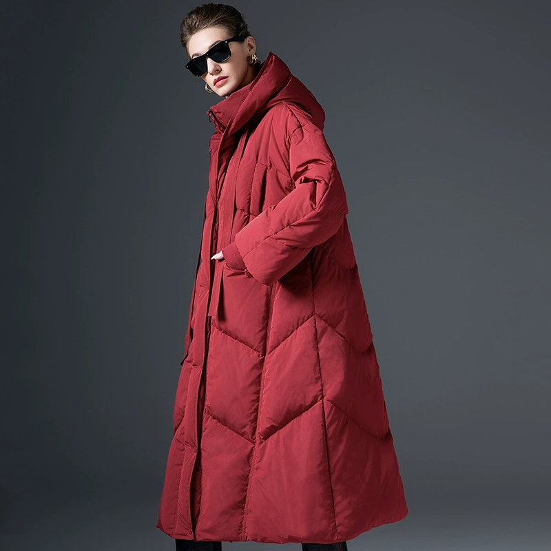 Оригинальный дизайн 2025: новая зимняя модель женского пуховика, длинный, толстый, стеганый, свободного кроя, большой размер, пуховик из белого утиного пуха.