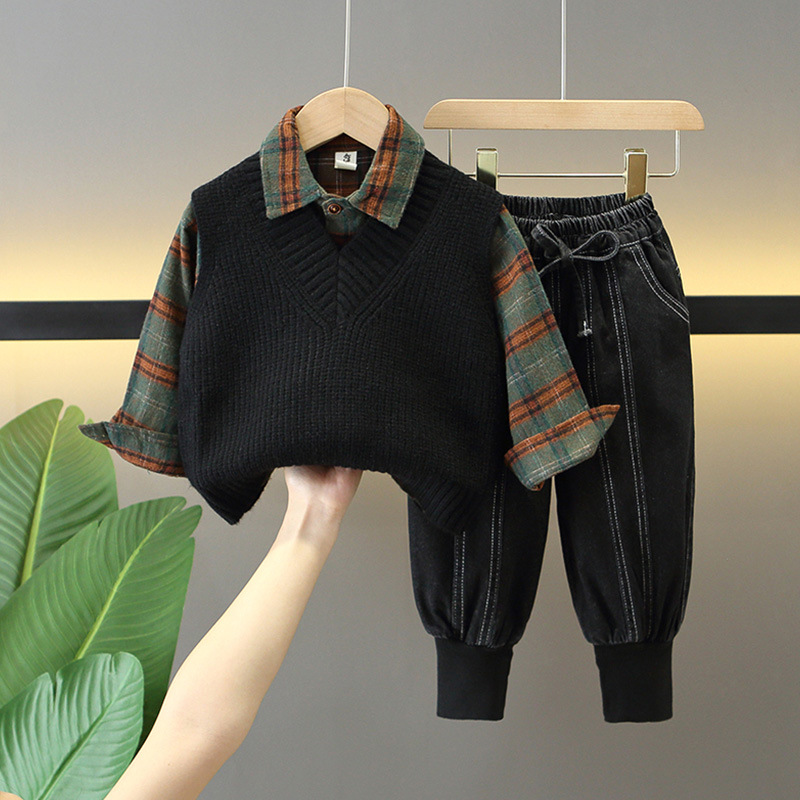 6340 Traje de otoño para niños 2025 Nuevo estilo Camisa guapa para niños Pequeño chaleco de otoño de moda de tres piezas