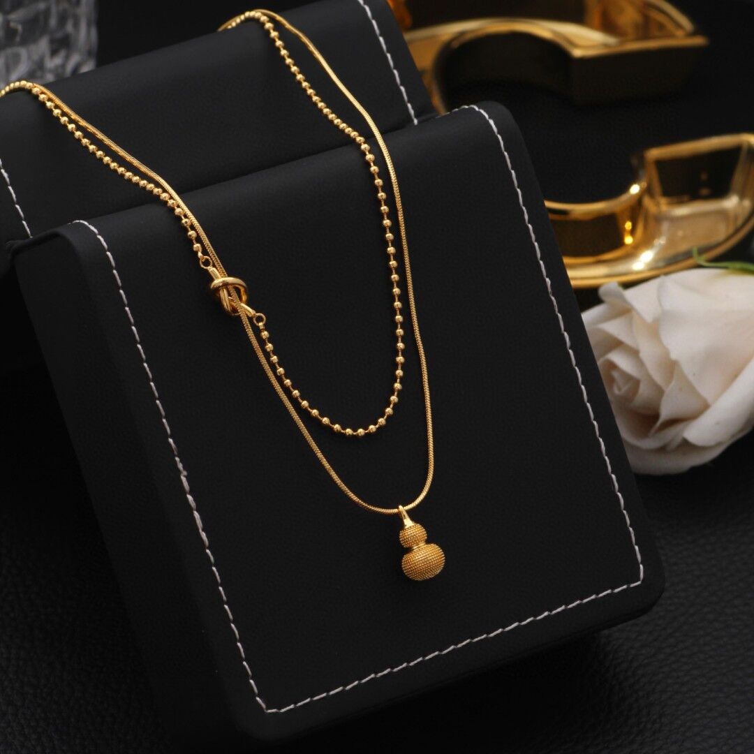 《高版本不掉色18k金厚度0.05+電泳+拋數++4》雙層疊戴葫蘆項鍊