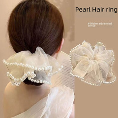 超大網紗發圈大腸圈女2023新款氣質珍珠頭繩高馬尾丸子頭皮筋髮飾