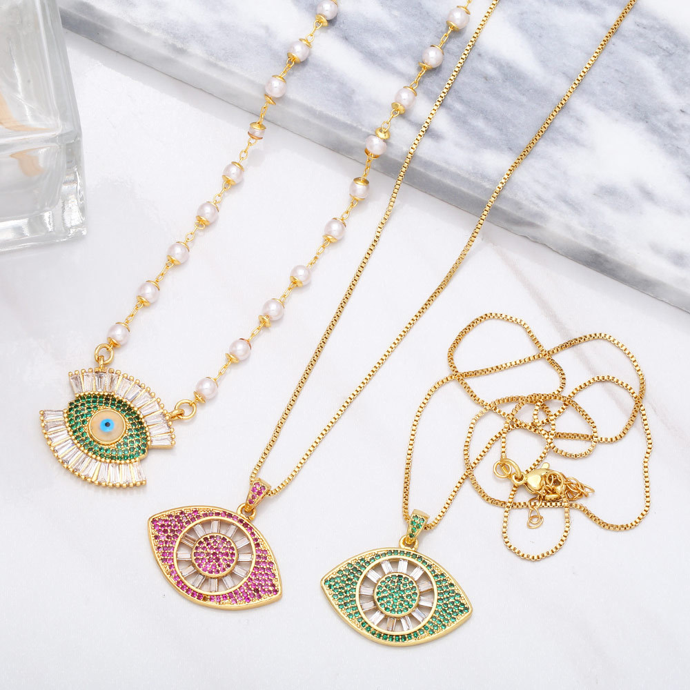 simple devil eye pearl chain pendant copper inlaid zircon necklace