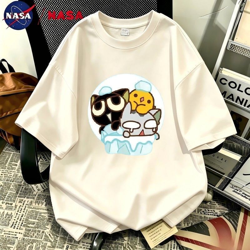 Nasa Luo Xiaohei's Ice Cube Cartoon Short Sleeve T-Shirt for Men and Women, Heavy Cotton, Cute Loose Fit, Summer Versatile T-Shirt Top