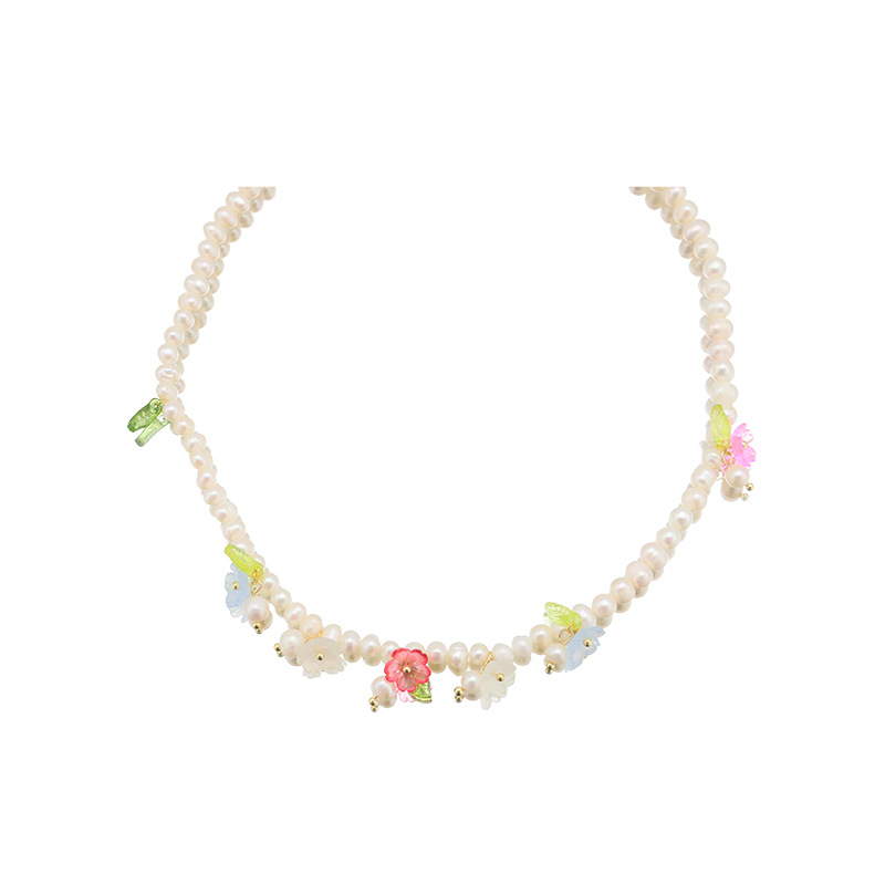Collar de perlas de agua dulce natural nuevo collar de perlas de nicho universal nuevo collar de flores de ramas chapado en oro real de 18k