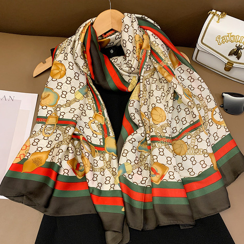 New Simulated Silk Scarf Women's Korean Version Versatile Long Scarf Sun Protection New Silk Satin Printed Scarf Air Conditioning Large Shawl