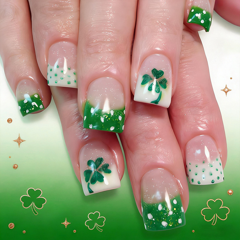 St. Patrick's Day Chinese Manicure Green Clover French Wear Manicure Fresh 24 Pieces Removable Fake Nails St. Patrick's Day Chinese Manicure Green Clover French Wear Manicure Fresh 24 Pieces Removable Fake Nails