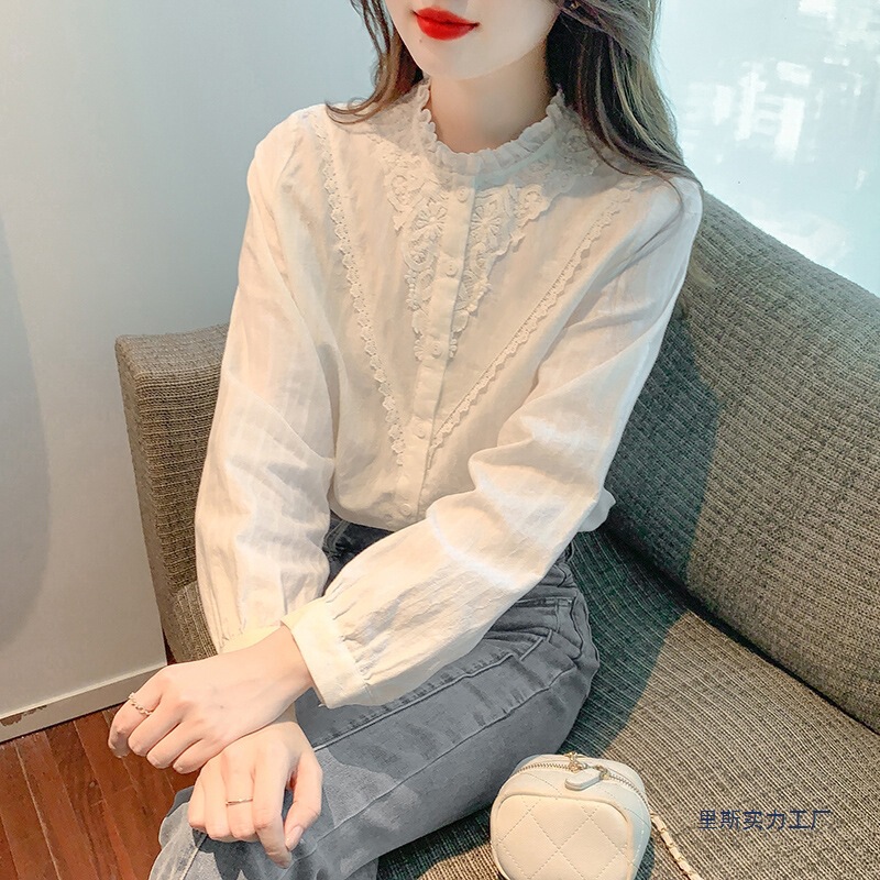 Stand Collar Patchwork Cotton French-Style Blouse for Women 2026 Spring and Autumn New Versatile Shirt for Women Other