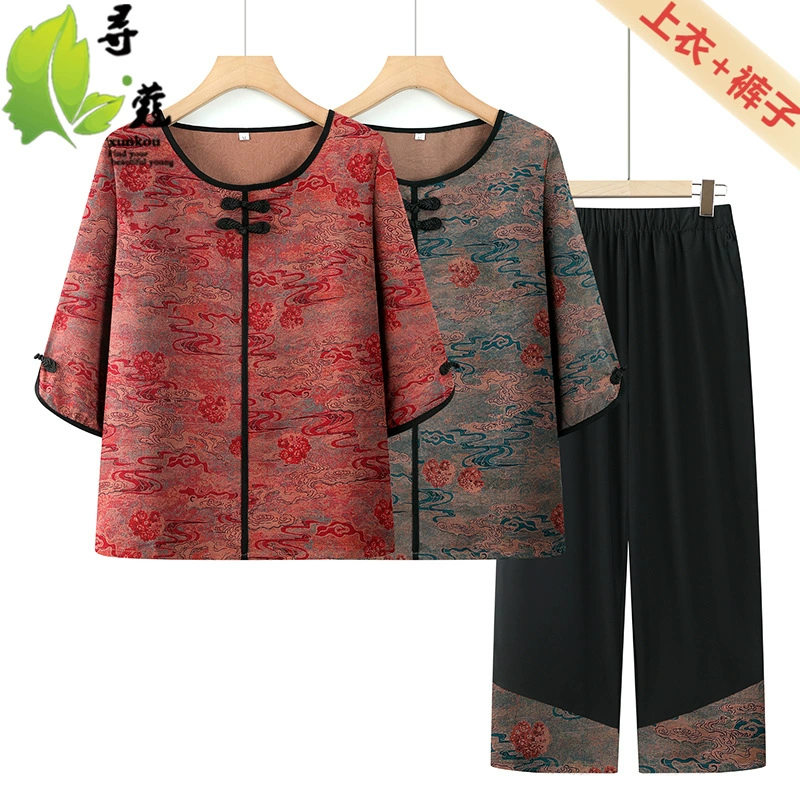 Летний тонкий костюм для бабушки, одежда для пожилых людей 60 лет, летний женский комплект из двух предметов, модный женский комплект с принтом