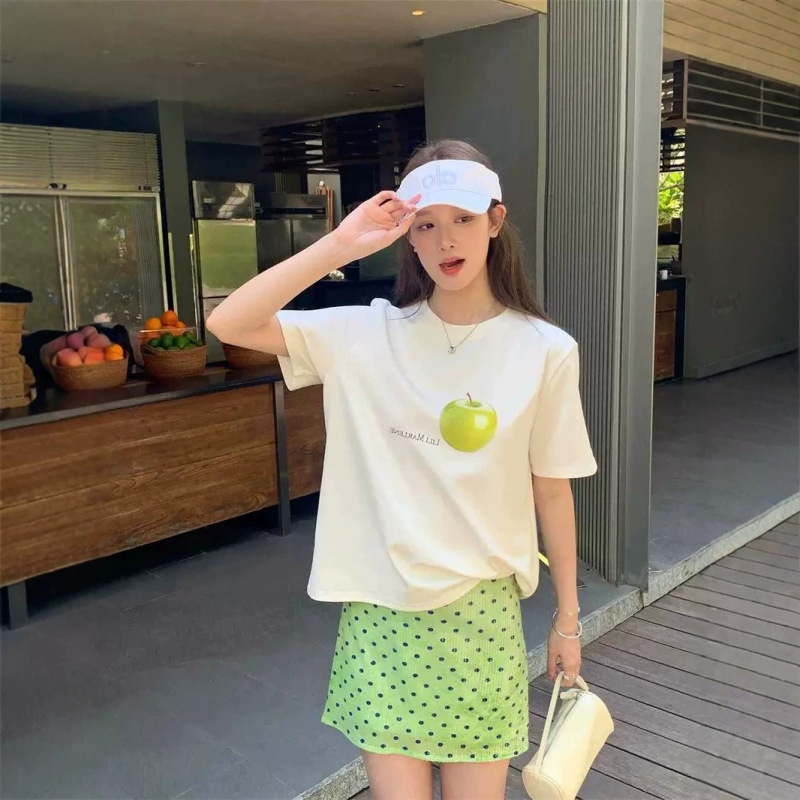2026 Fashionable Simple Short-Sleeve T-Shirt for Women, Summer Korean Style Green Apple Print Pure Cotton Casual Versatile Ins Top