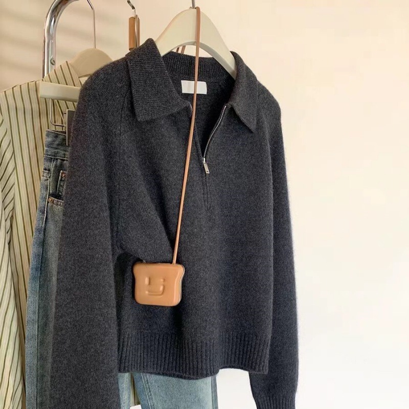 25 New Autumn and Winter Half-Zip Polo Lapel Sweater Women's Long-Sleeved Knitted Thickeneded Loose Wool Sweater Top