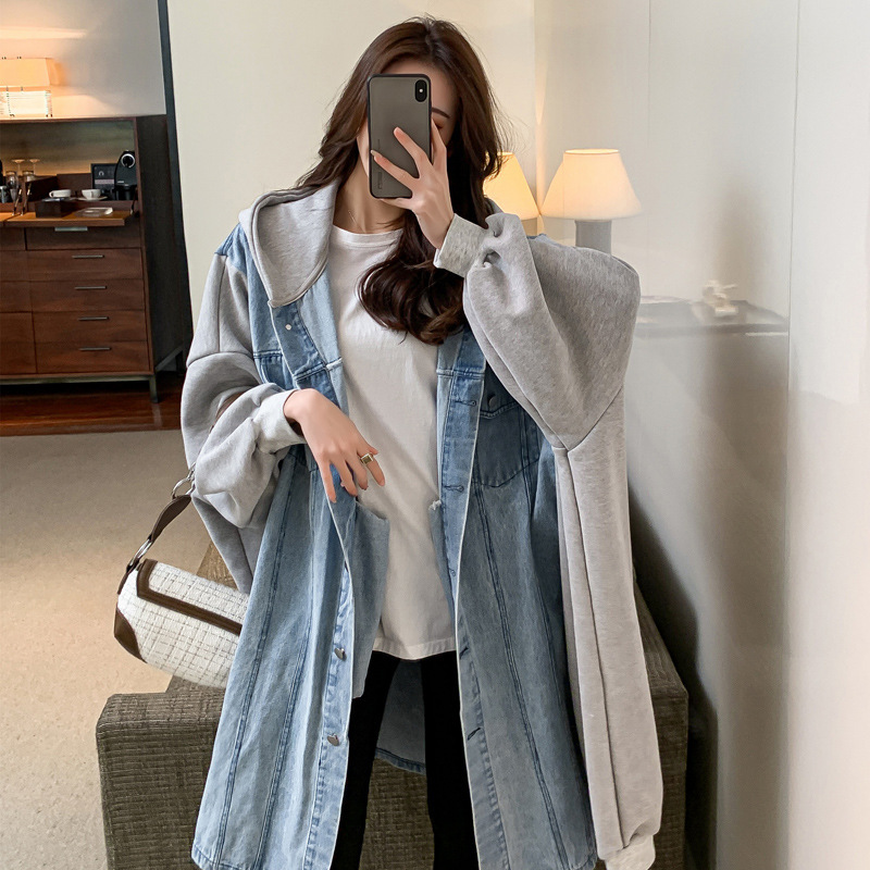 Street Hot Style Hooded Denim Jacket for Women 2022 Autumn and Winter New Mid-Length Retro Hong Kong Style Workwear Large Windbreaker