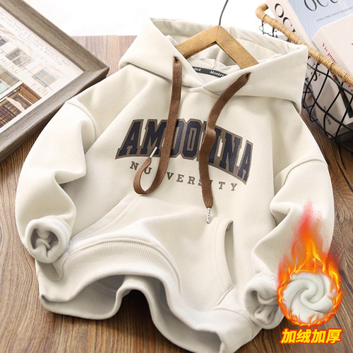 Boys' Fleece Hooded Sweatshirt Autumn/Winter Outfit Children's Hooded Pullover Sweatshirt Sport Top Winter New Base Shirt Trendy