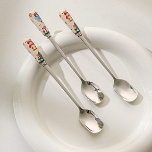 ♤ 304 Stainless Steel Stirring Spoon Cartoon Ceramic Handle Cute High-Value Dessert Spoon Household Coffee Spoon