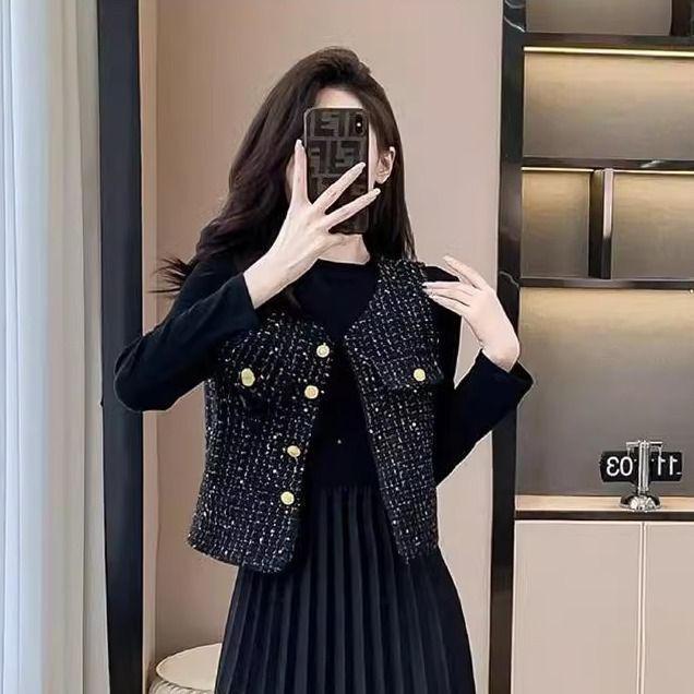 小香风马甲女网红外搭2025新款无袖百搭显瘦背心坎肩纯色亮片马甲|undefined