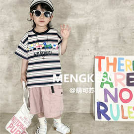 萌苏儿童条纹短袖t恤2026夏装男童上衣中小童马年卡通T宝宝半袖