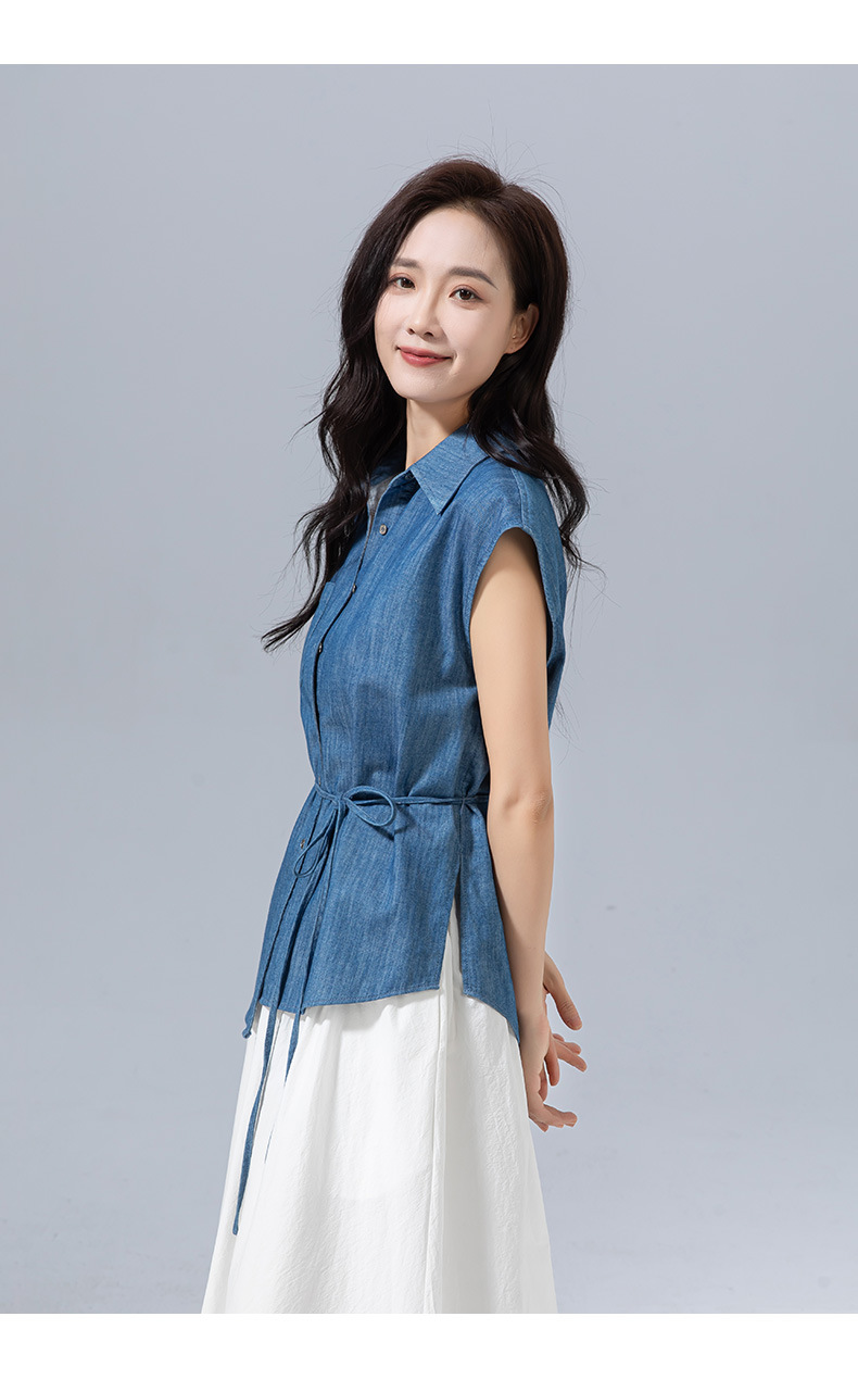 Áo sơ mi denim Tencel không tay thiết kế Xinge dáng suông đi làm — Màu xanh lam chi tiết 24