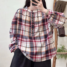 软糯婴儿双层棉纱日系立领套头宽松显瘦格子纯色长袖衬衫女衬衣