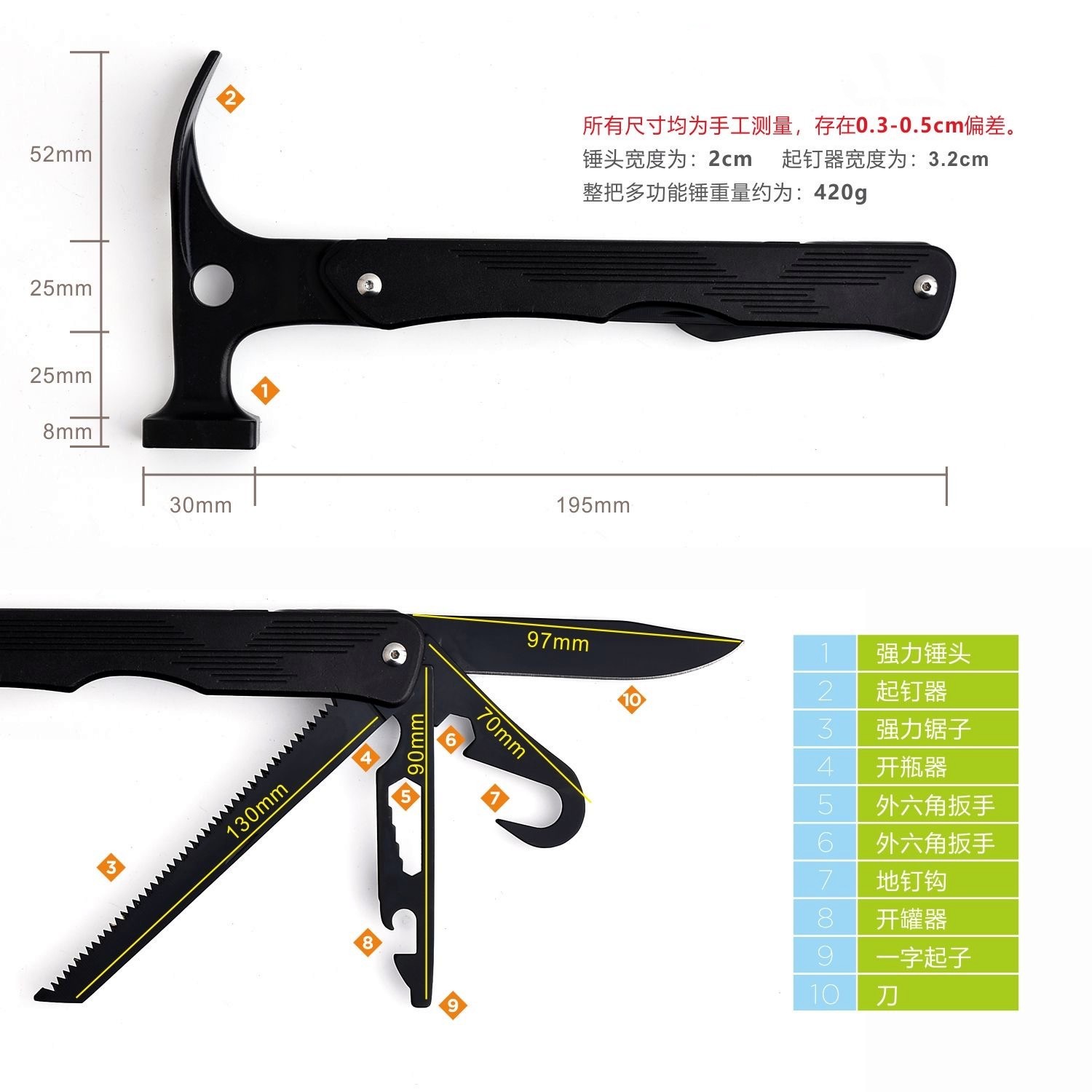 跨境多功能羊角锤户外露营随身便携组合工具居家应急锤子地钉锤