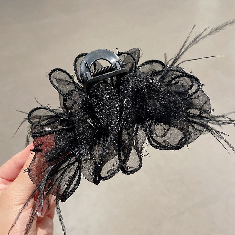 Advanced Satin Satin Big Black Bowknot Clip de tiburón Tocado Diamante cuadrado Horquilla en la parte posterior de la cabeza Clip de agarre Horquilla femenina