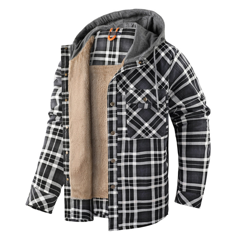 American Size Men's Long-sleeved Fleece-lined Thickened Hooded Plaid Shirt Autumn and Winter Large Size Cross-border Men's Top Cotton Coat Jacket