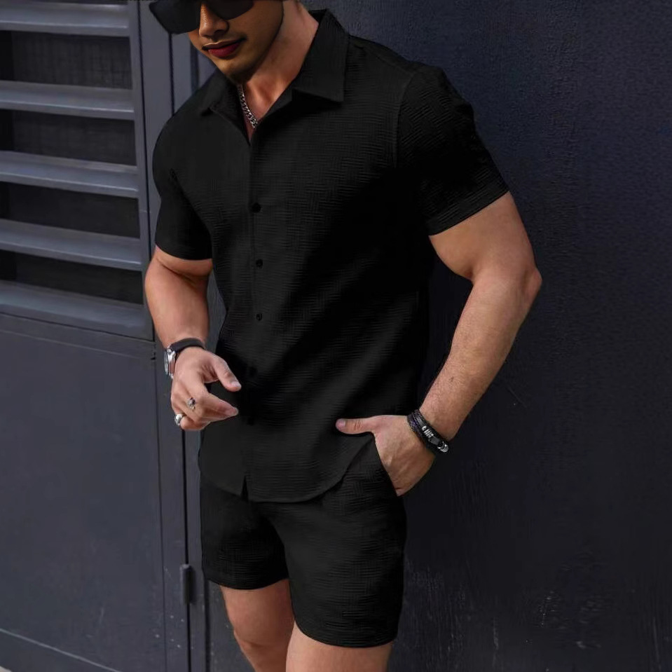 Ensemble deux pièces pour homme, chemise à manches courtes et short, style sport décontracté, idéal pour la plage (collection 2025)._voghion.com