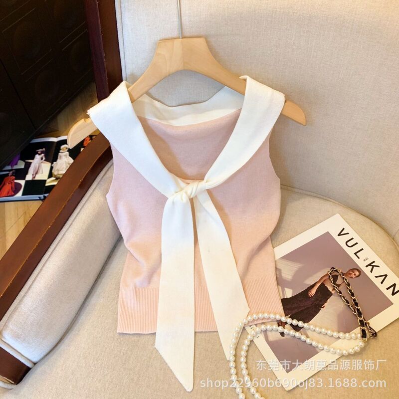 Summer Knitted Vest for Women Dopamine Navy Collar Lace-Up Slimming Chic Sweet and Spicy Sleeveless Top