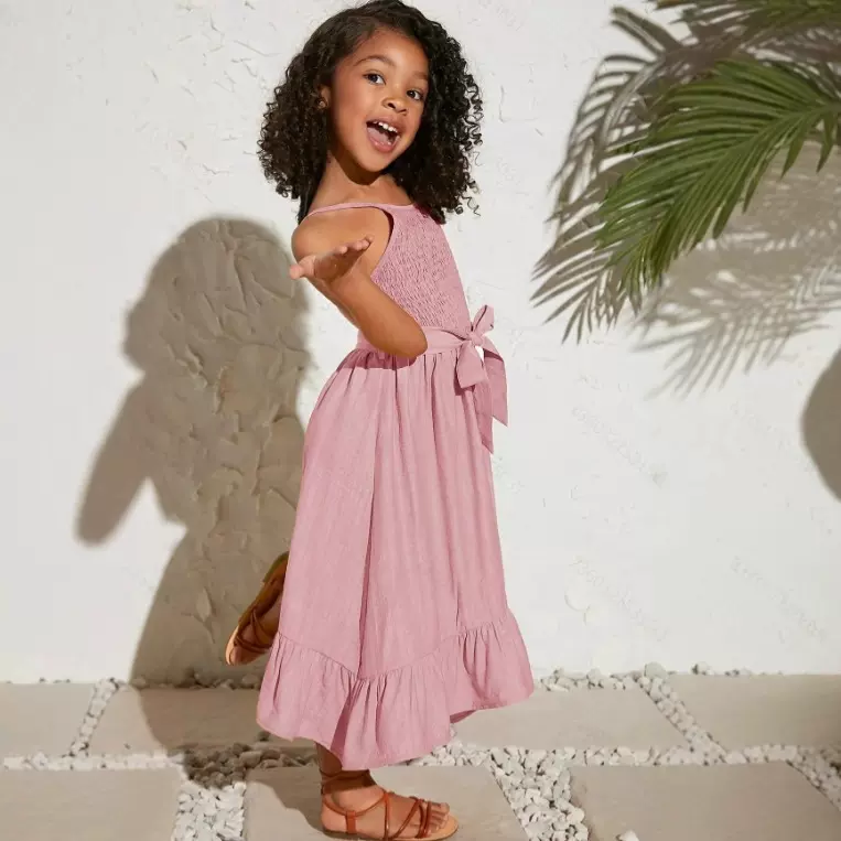 外贸新款女童吊带连衣裙 系带收腰 荷叶边裙摆超甜
