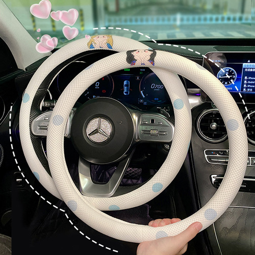 Car cartoon princess steering wheel cover embroidered cotton and linen breathable car non-slip hand summer car interior supplies for women